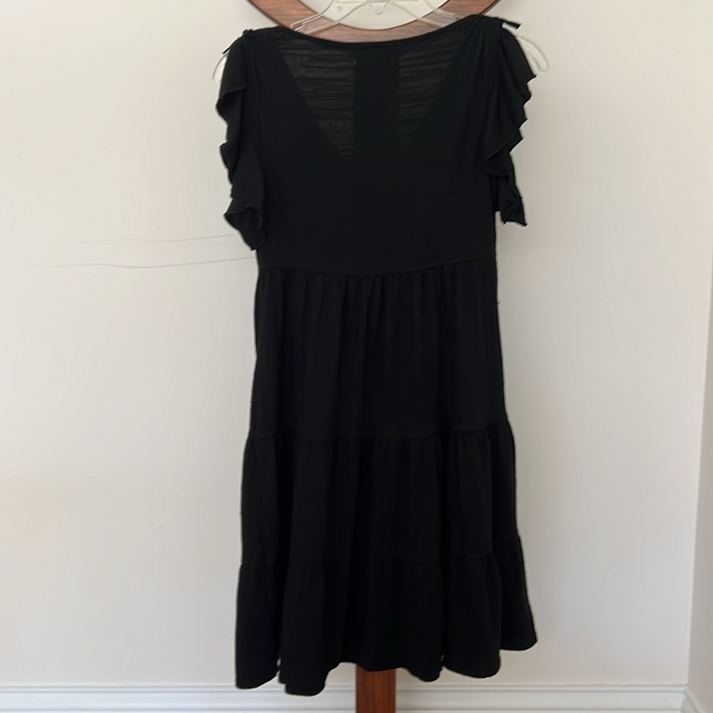Max Studio flutter sleeve, tiered skirt, black stretchy, dress, size small. - Picture 2 of 6